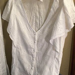 LOFT Top Petite Med Flutter Sleeves White Eyelit